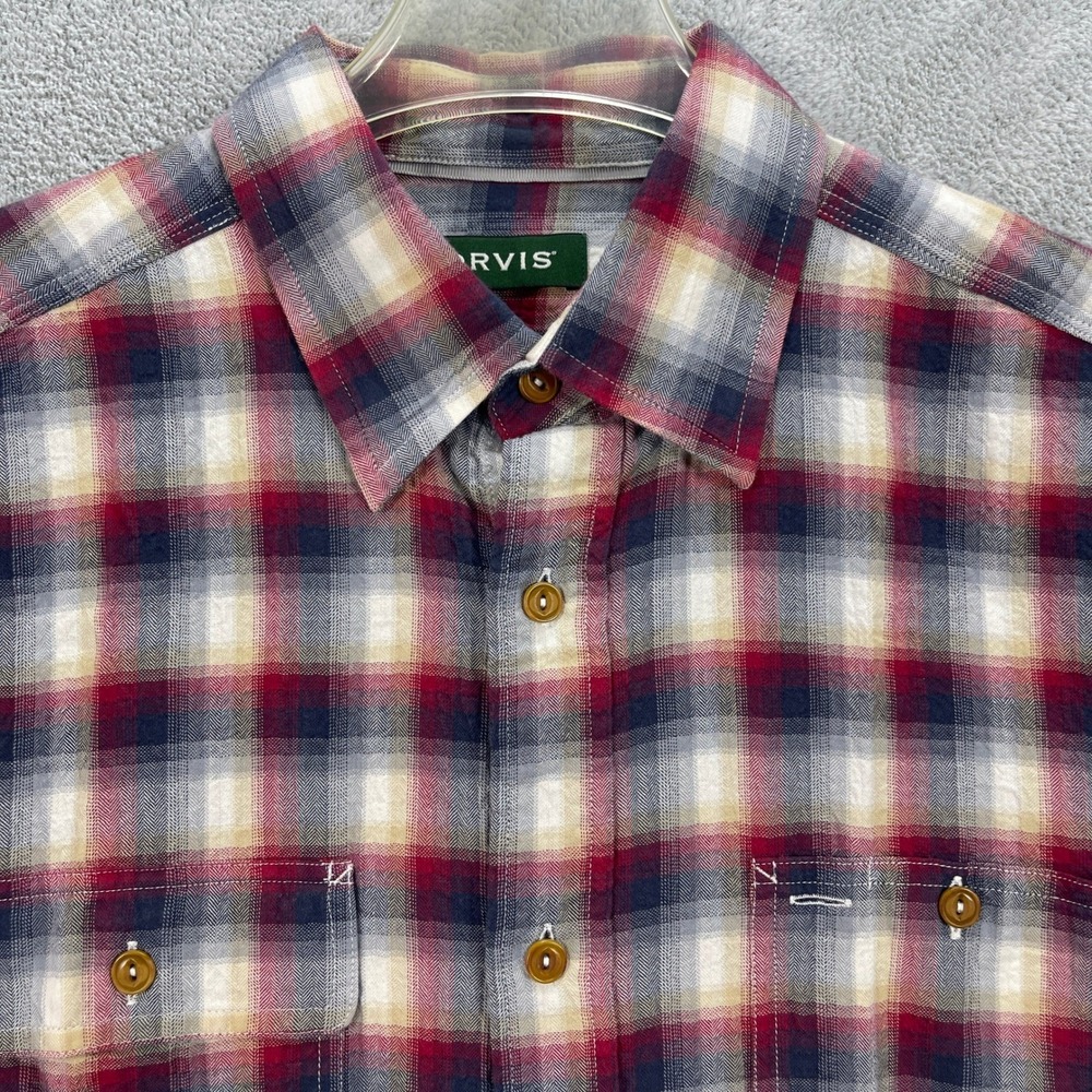 Orvis Shirt Mens M Red Plaid Active Fit Button Front Long Sleeve Cotton Stretch
